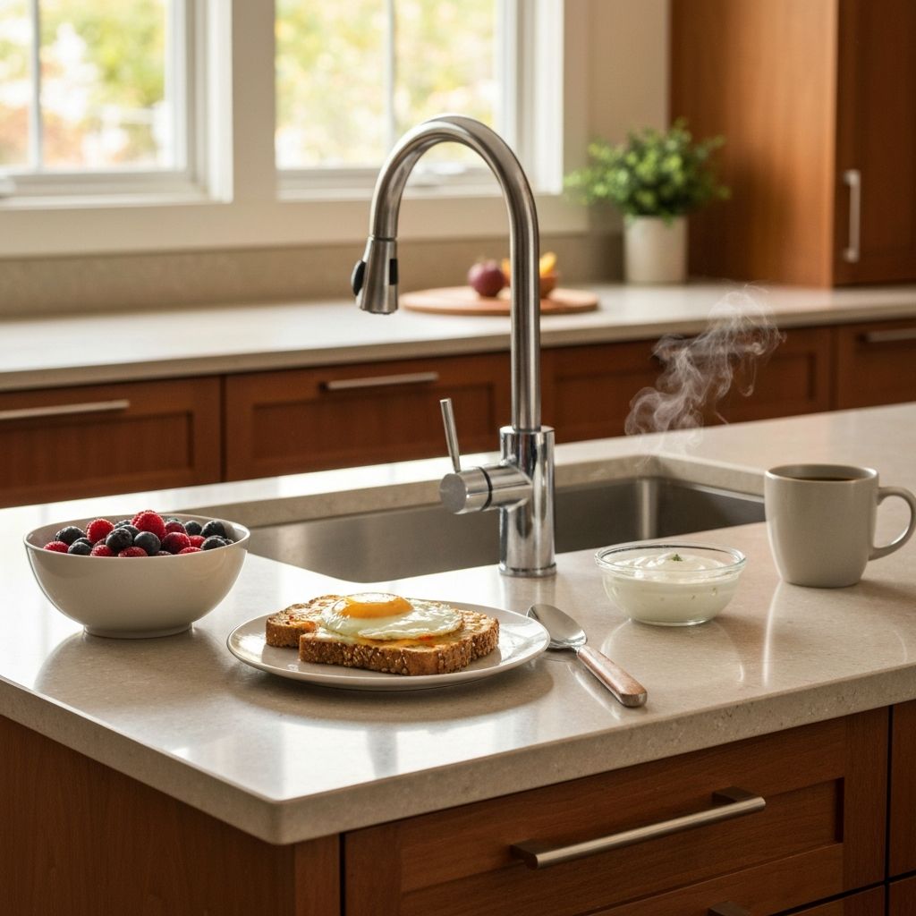A home kitchen counter with breakfast items and morning light
