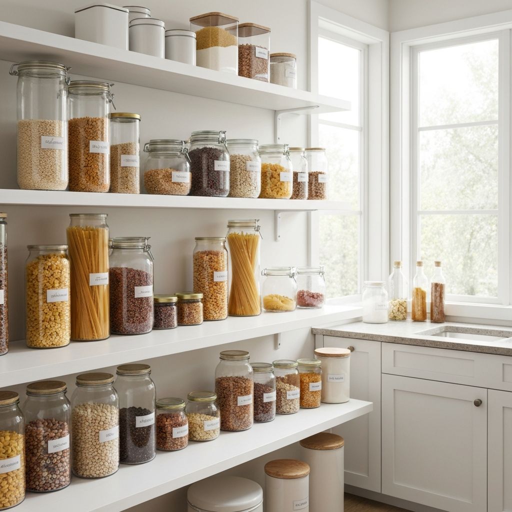A well-organised kitchen pantry with various food storage containers