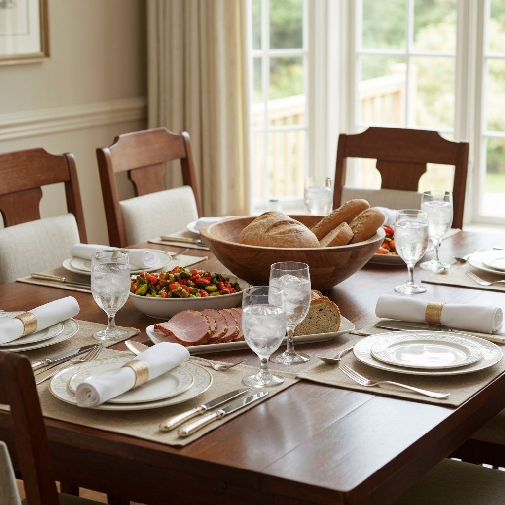 A dining table set for a family meal with multiple place settings