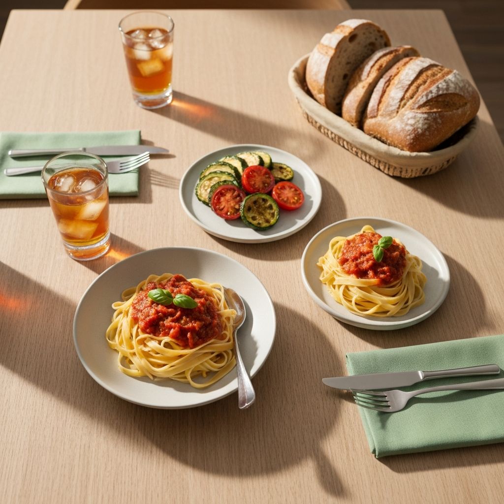 A table setting with everyday meal items arranged naturally